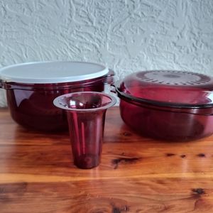 Tupperware Tupperwave Cranberry 6 Piece Microwave Stack Cooker Set Colander